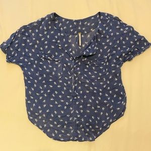 Free People Navy Blue Floral Blouse- Size S